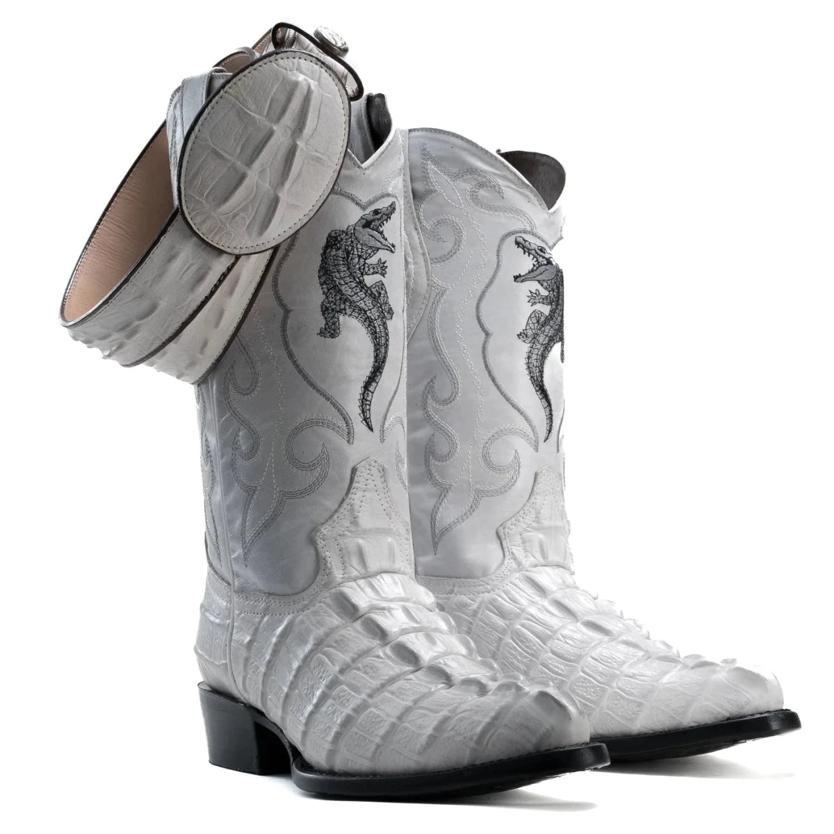 Joe Boots Men”s Caiman J Toe Cowboy Boots and Belt Combo–Bone - OriginalWestern.com
