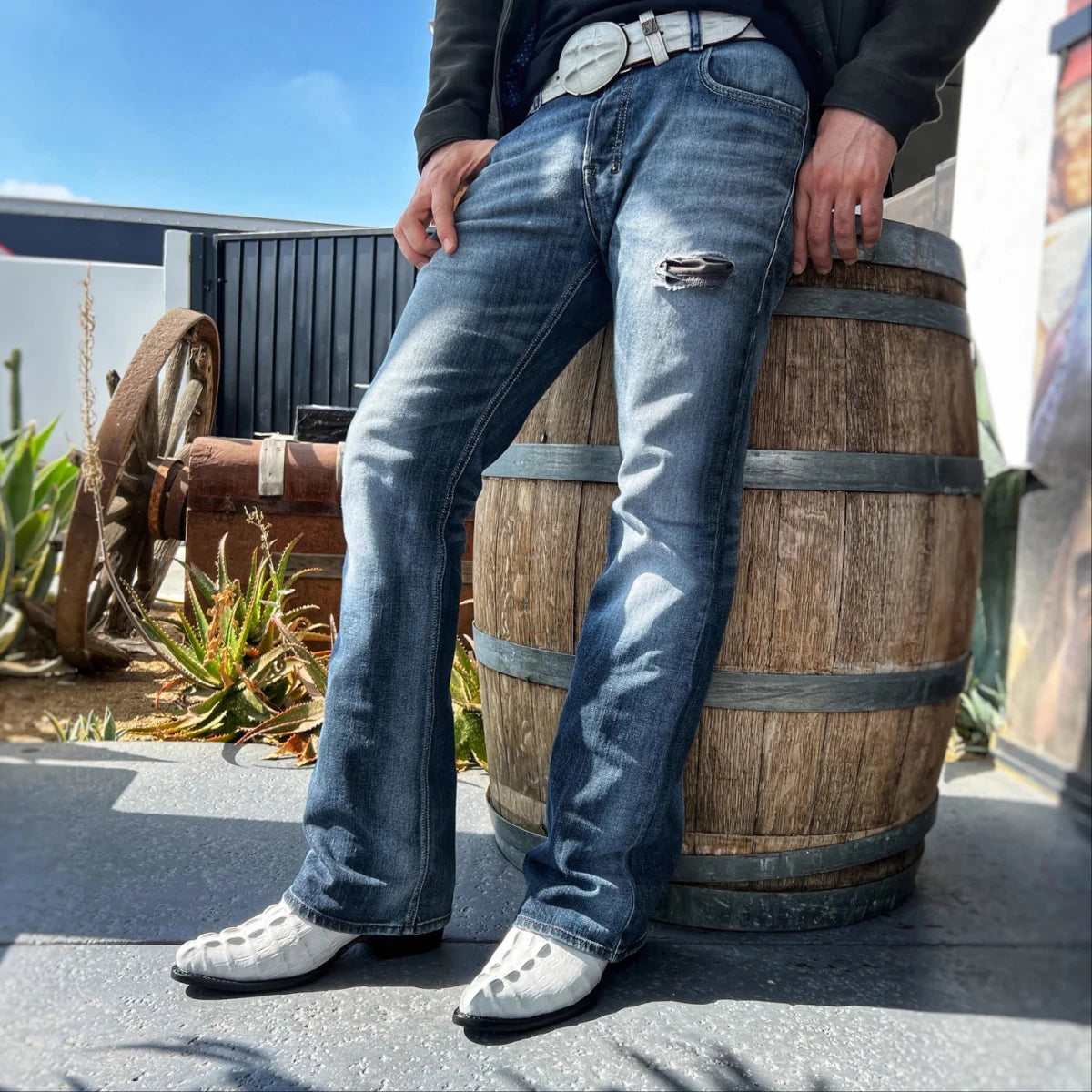 Joe Boots Men”s Caiman J Toe Cowboy Boots and Belt Combo–Bone - OriginalWestern.com