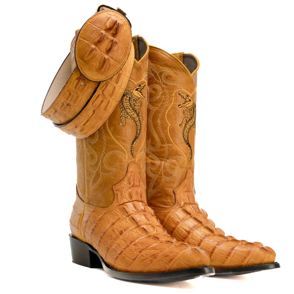 Joe Boots Men”s Caiman J Toe Cowboy Boots and Belt Combo–Buttercup - OriginalWestern.com
