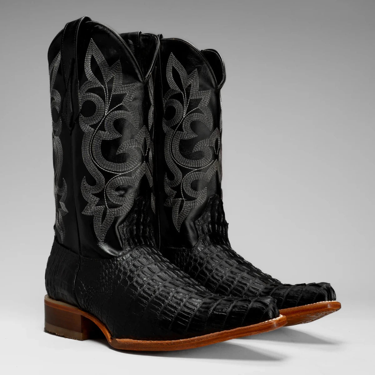 Joe Boots Men”s Caiman Leather Pointed Toe Cowboy Black - OriginalWestern.com