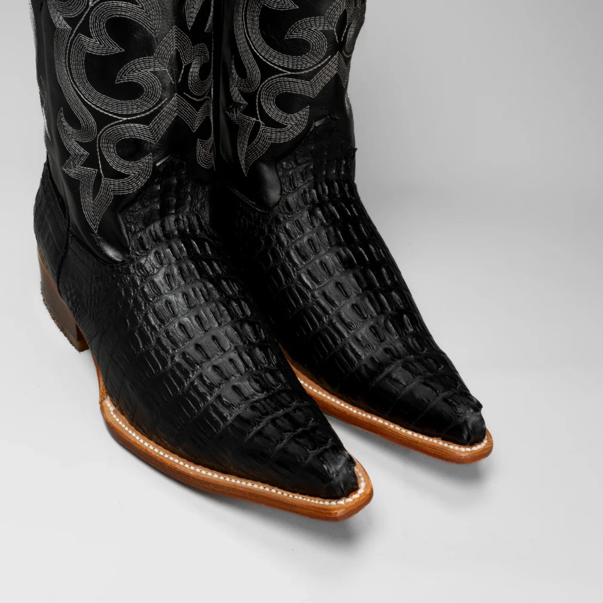 Joe Boots Men”s Caiman Leather Pointed Toe Cowboy Black - OriginalWestern.com