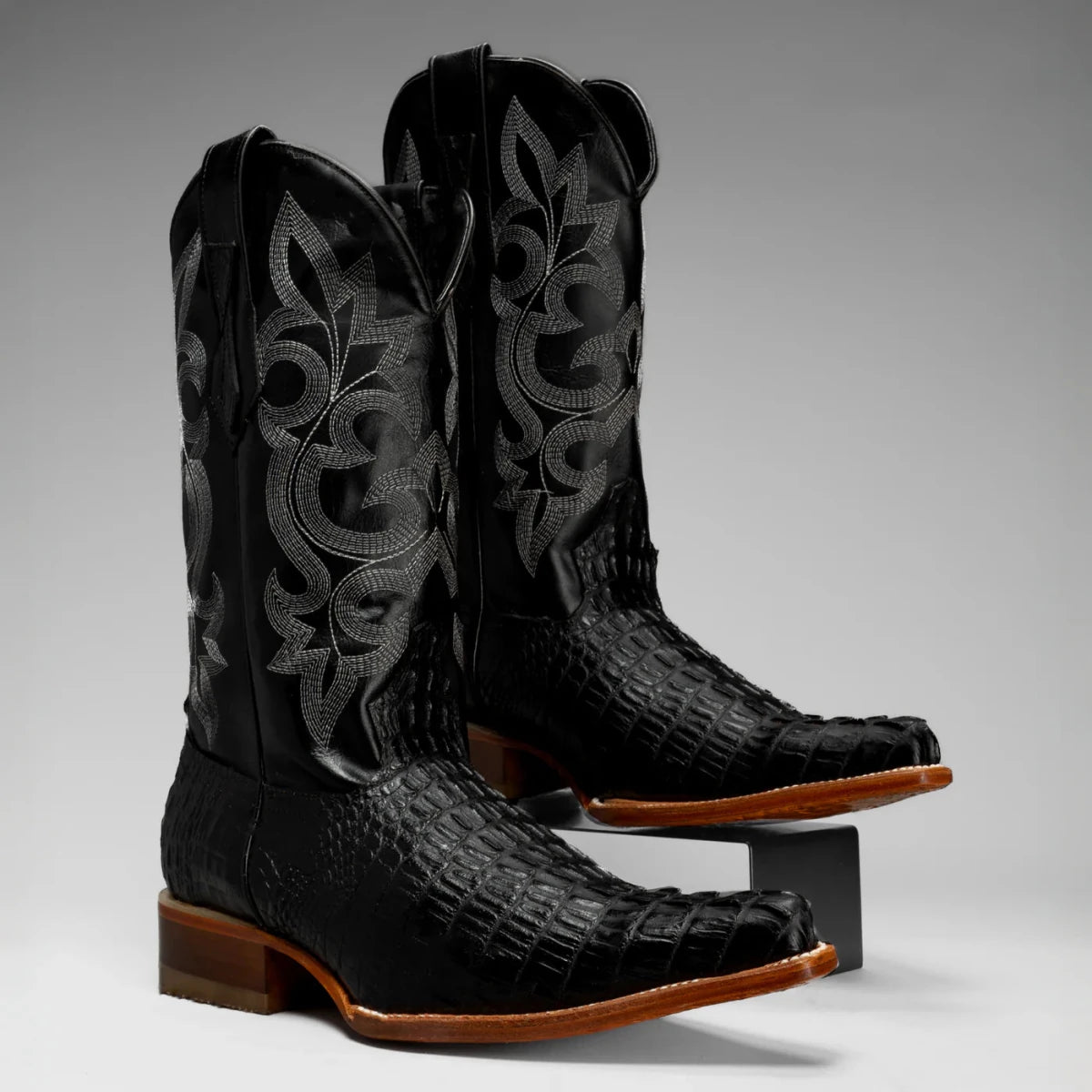 Joe Boots Men”s Caiman Leather Pointed Toe Cowboy Black - OriginalWestern.com