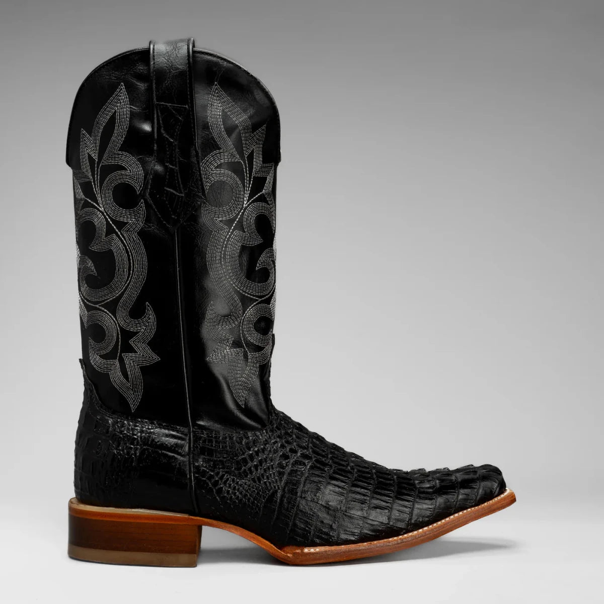 Joe Boots Men”s Caiman Leather Pointed Toe Cowboy Black - OriginalWestern.com