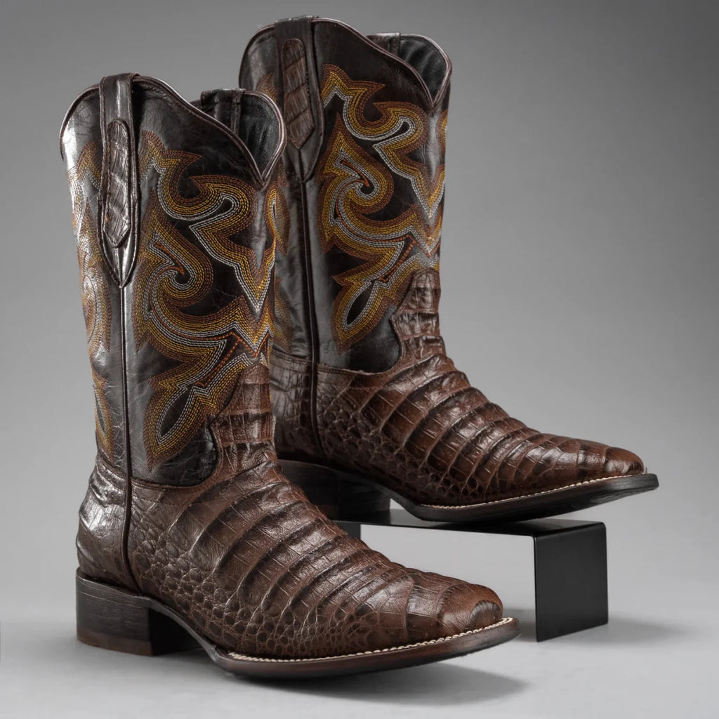 Joe Boots Men”s Caiman Leather Square Toe Cowboy Boots–Brown - OriginalWestern.com