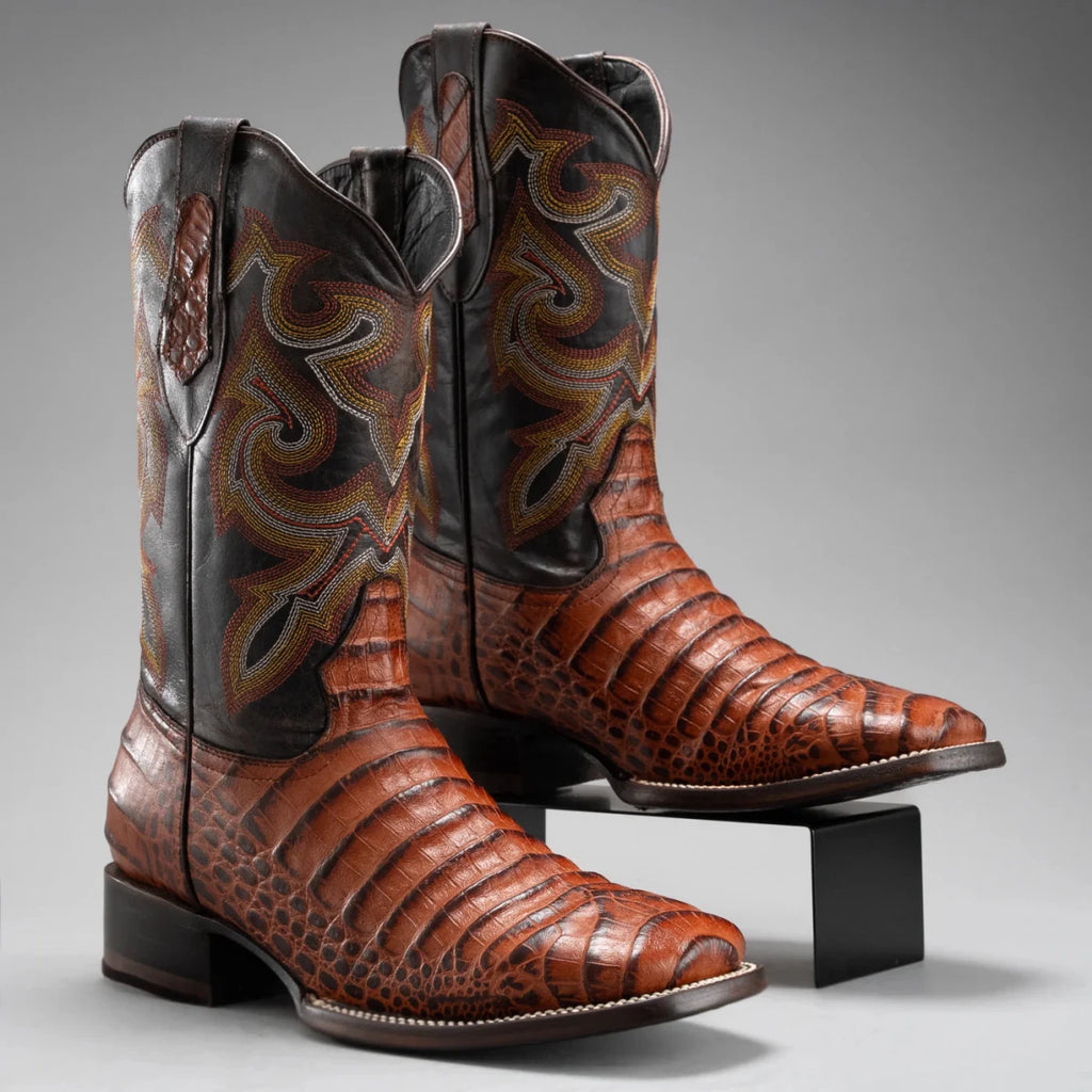 Joe Boots Men”s Caiman Leather Square Toe Cowboy Boots–Cognac - OriginalWestern.com