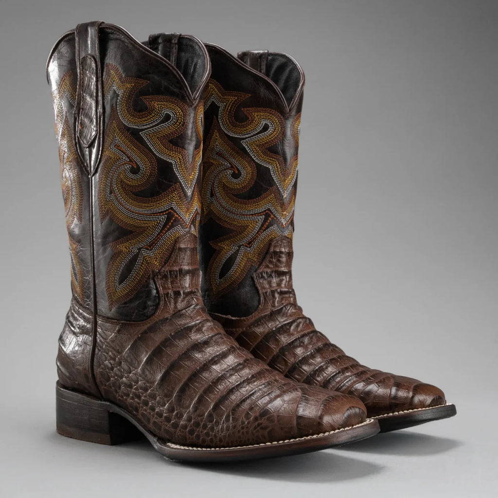 Joe Boots Men”s Caiman Square Toe Cowboy Boots and Belt Combo–Brown - OriginalWestern.com