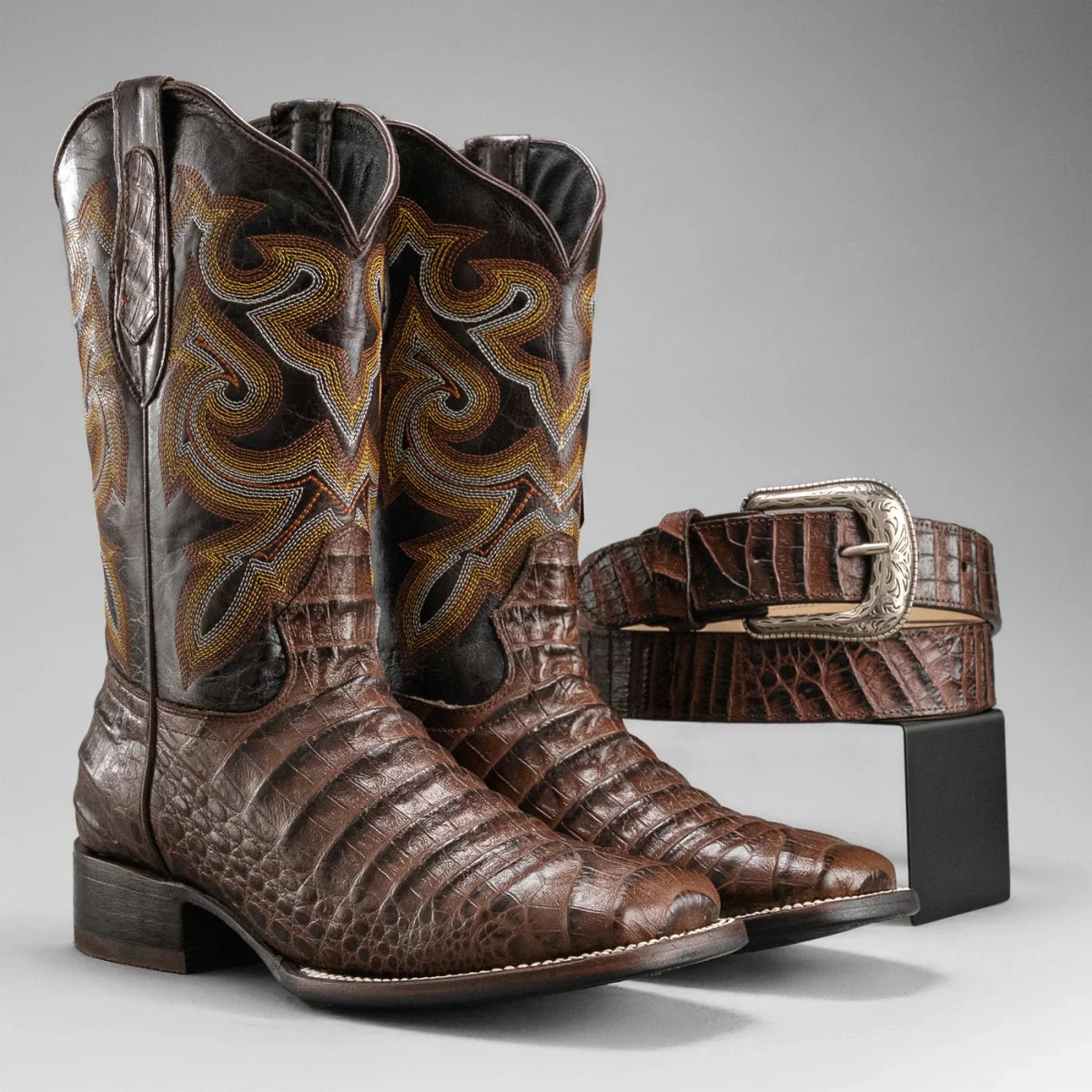 Joe Boots Men”s Caiman Square Toe Cowboy Boots and Belt Combo–Brown - OriginalWestern.com
