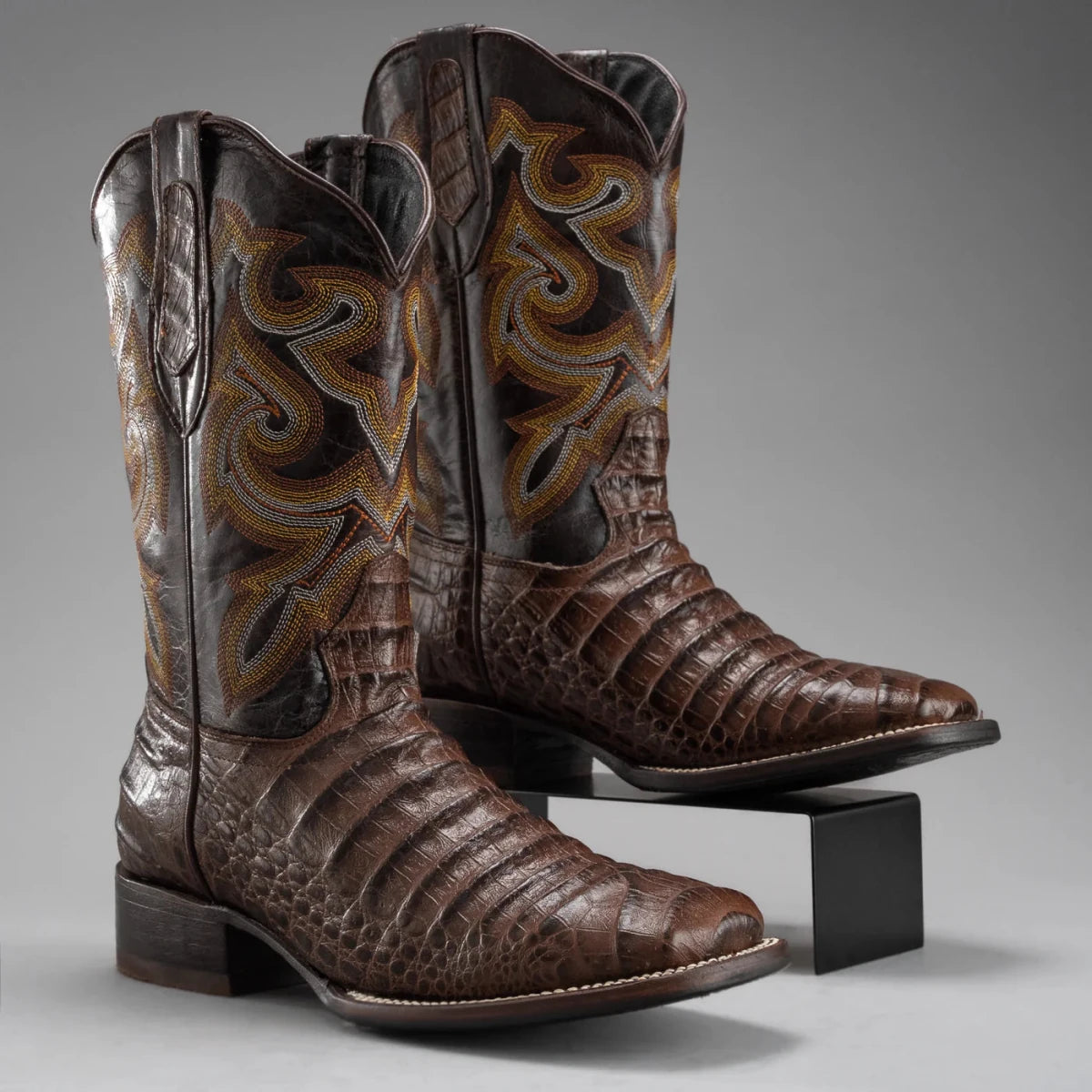 Joe Boots Men”s Caiman Square Toe Cowboy Boots and Belt Combo–Brown - OriginalWestern.com