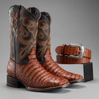 Joe Boots Men”s Caiman Square Toe Cowboy Boots and Belt Combo–Cognac - OriginalWestern.com