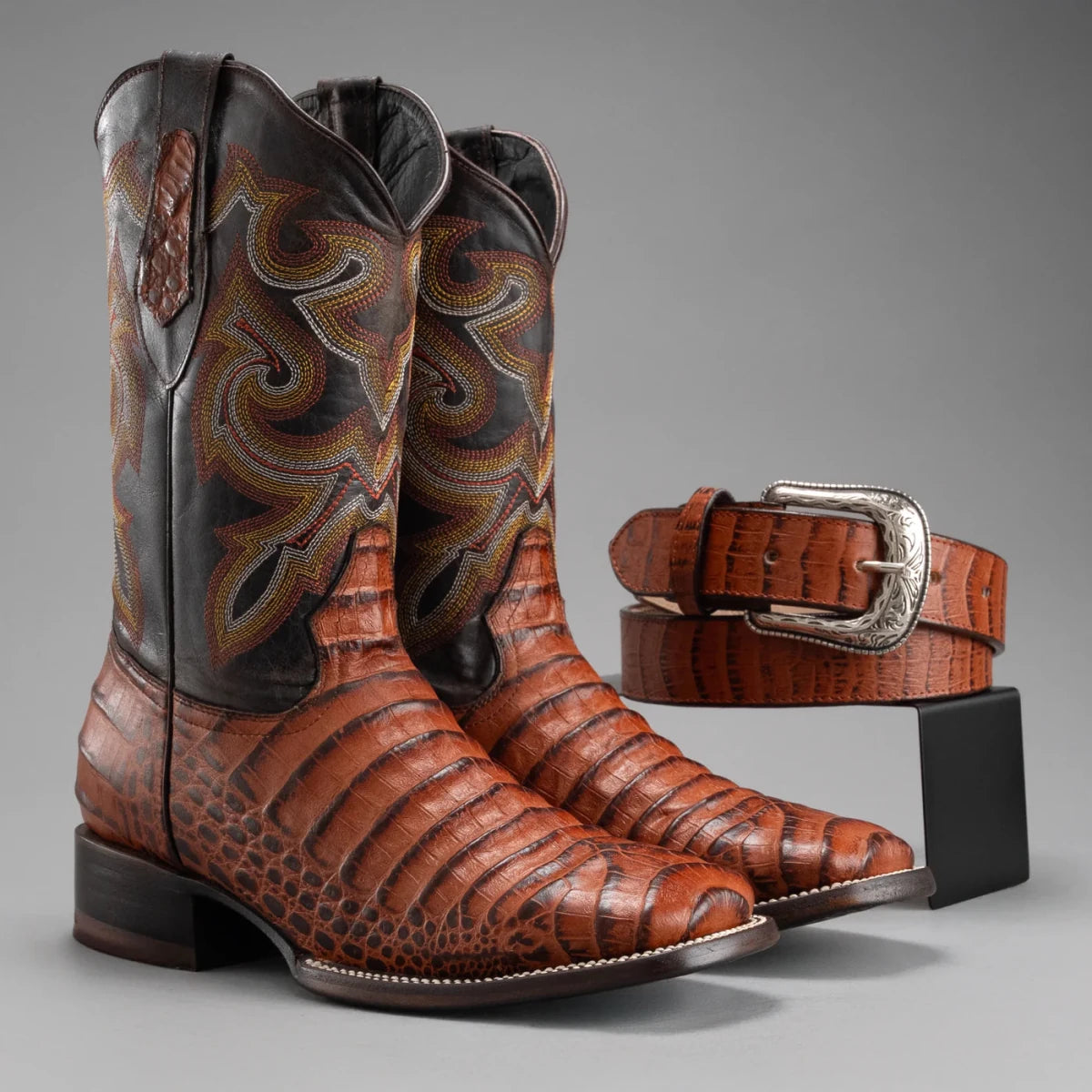 Joe Boots Men”s Caiman Square Toe Cowboy Boots and Belt Combo–Cognac - OriginalWestern.com