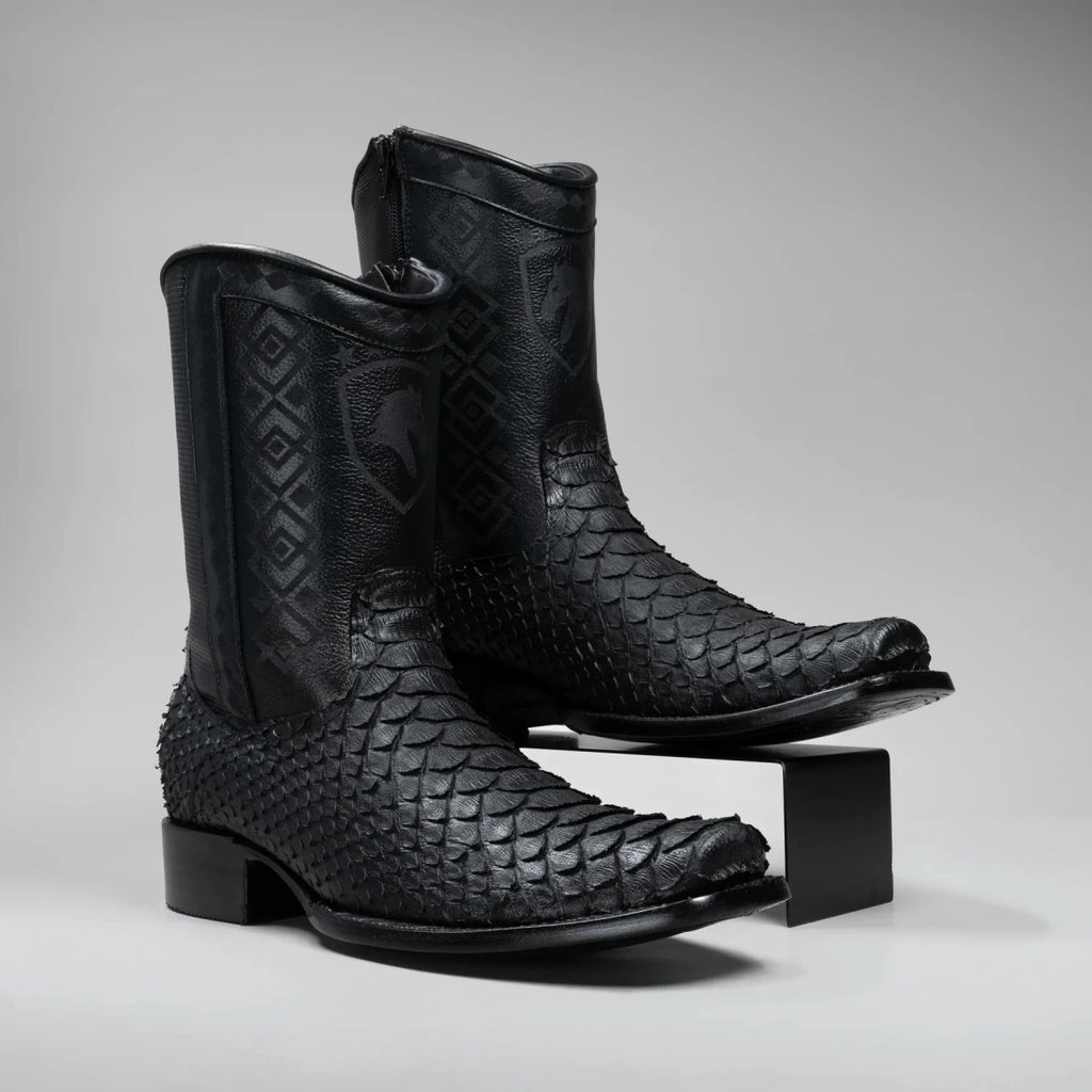 Joe Boots Men's Exotic Python Snakeskin Print Dubai Square Toe Boots with Zipper - Black - OriginalWestern.com