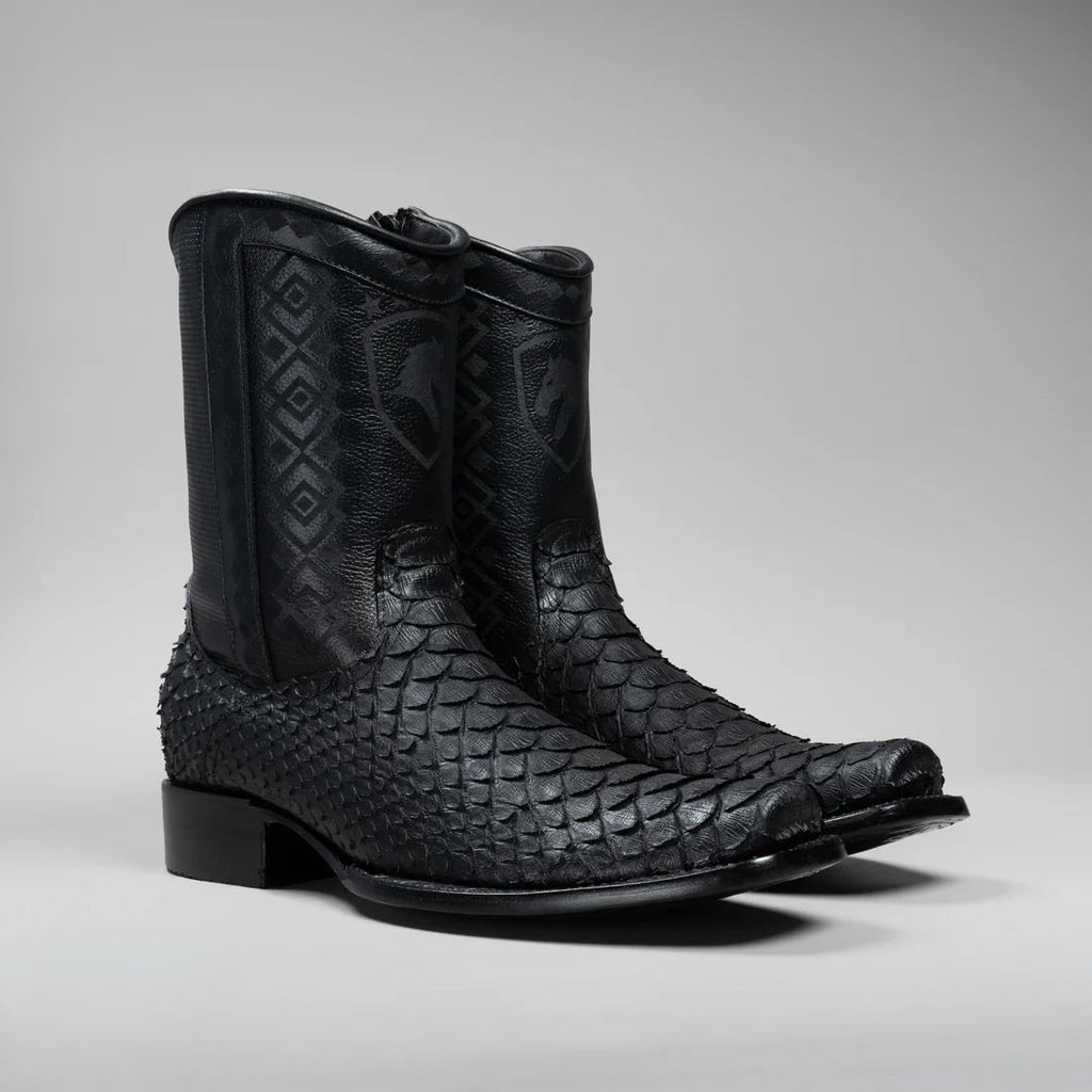 Joe Boots Men's Exotic Python Snakeskin Print Dubai Square Toe Boots with Zipper - Black - OriginalWestern.com