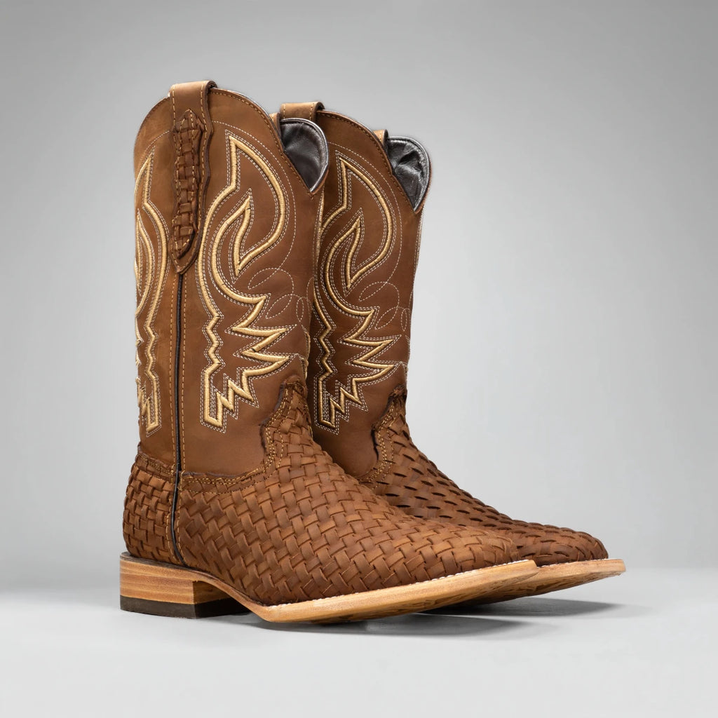 Joe Boots Men's Genuine Braided Leather Square Toe Cowboy Boots – Tan - OriginalWestern.com