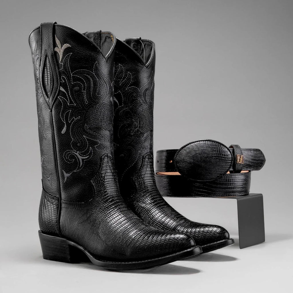 Joe Boots Men”s Lizard Tribute J Toe Cowboy Boots and Belt Combo–Black - OriginalWestern.com