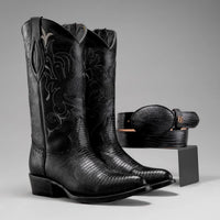 Joe Boots Men”s Lizard Tribute J Toe Cowboy Boots and Belt Combo–Black - OriginalWestern.com