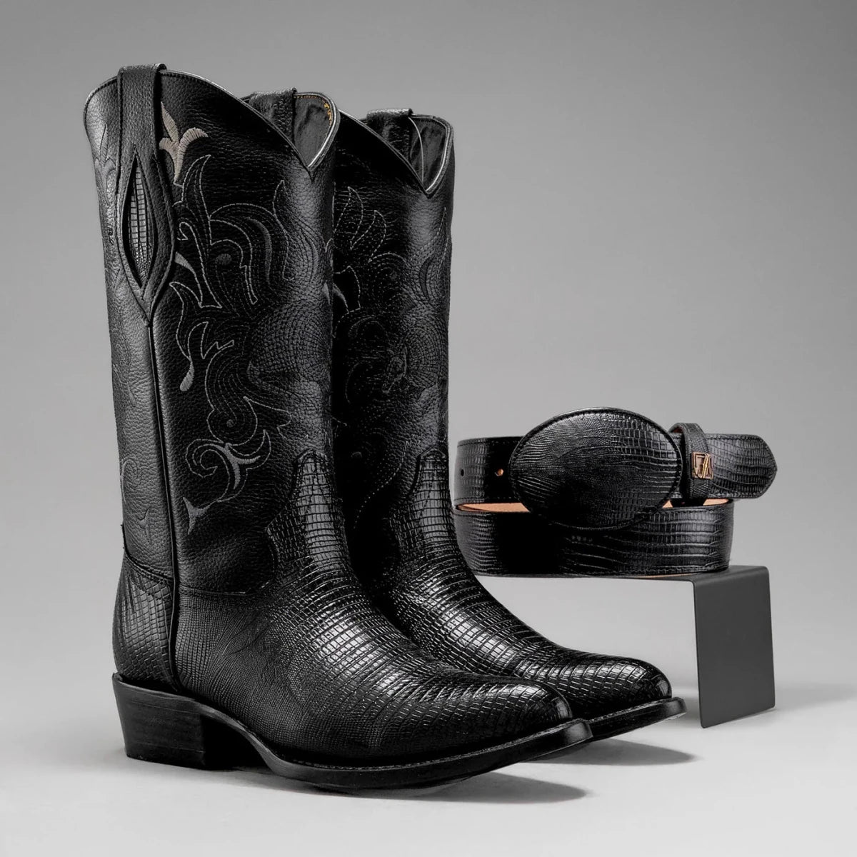 Joe Boots Men”s Lizard Tribute J Toe Cowboy Boots and Belt Combo–Black - OriginalWestern.com