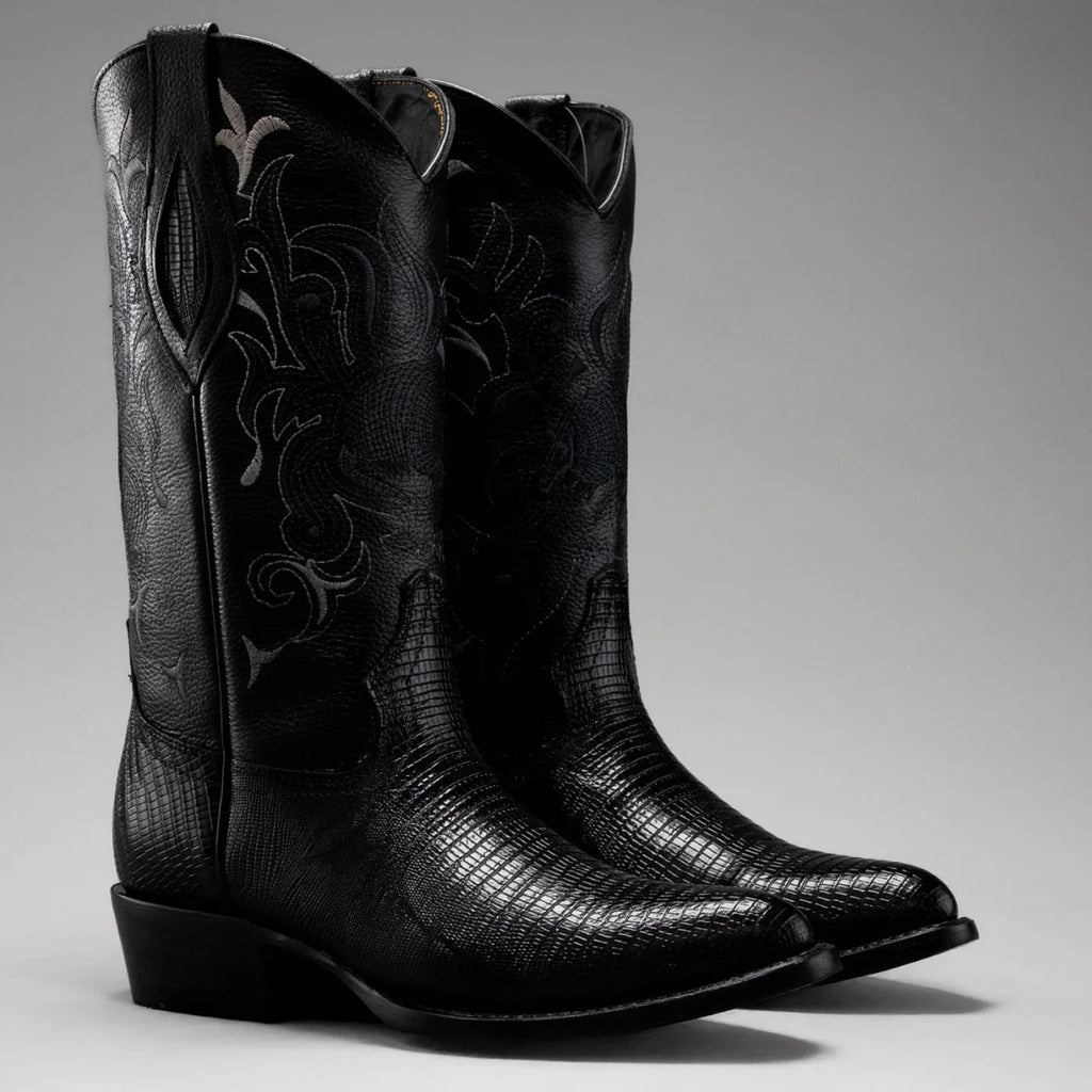 Joe Boots Men”s Lizard Tribute J Toe Cowboy Boots and Belt Combo–Black - OriginalWestern.com