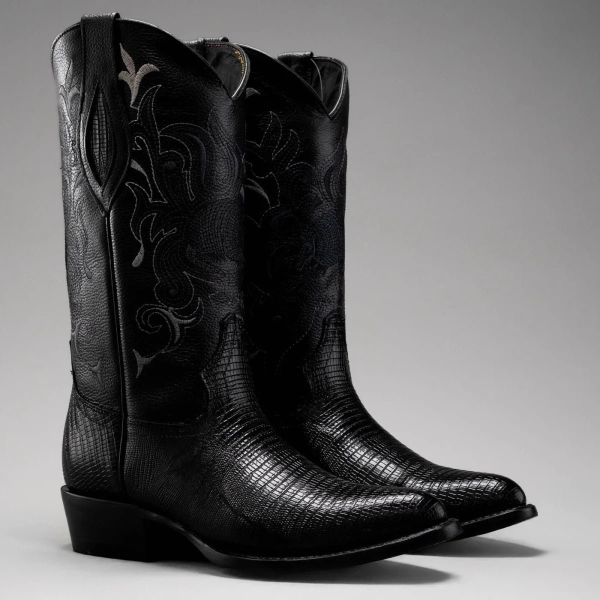 Joe Boots Men”s Lizard Tribute J Toe Cowboy Boots and Belt Combo–Black - OriginalWestern.com