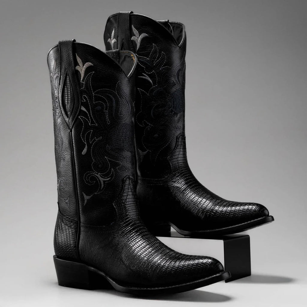 Joe Boots Men”s Lizard Tribute J Toe Cowboy Boots and Belt Combo–Black - OriginalWestern.com