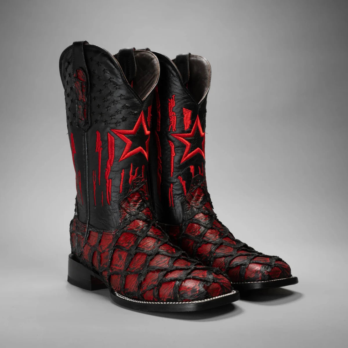 Joe Boots Men”s Monster Fish Trubute Square Toe Cowboy Boots–Red - OriginalWestern.com