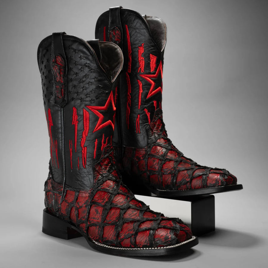 Joe Boots Men's Monster Pirarucu Fish Print Square Toe Cowboy Boots – Black Cherry