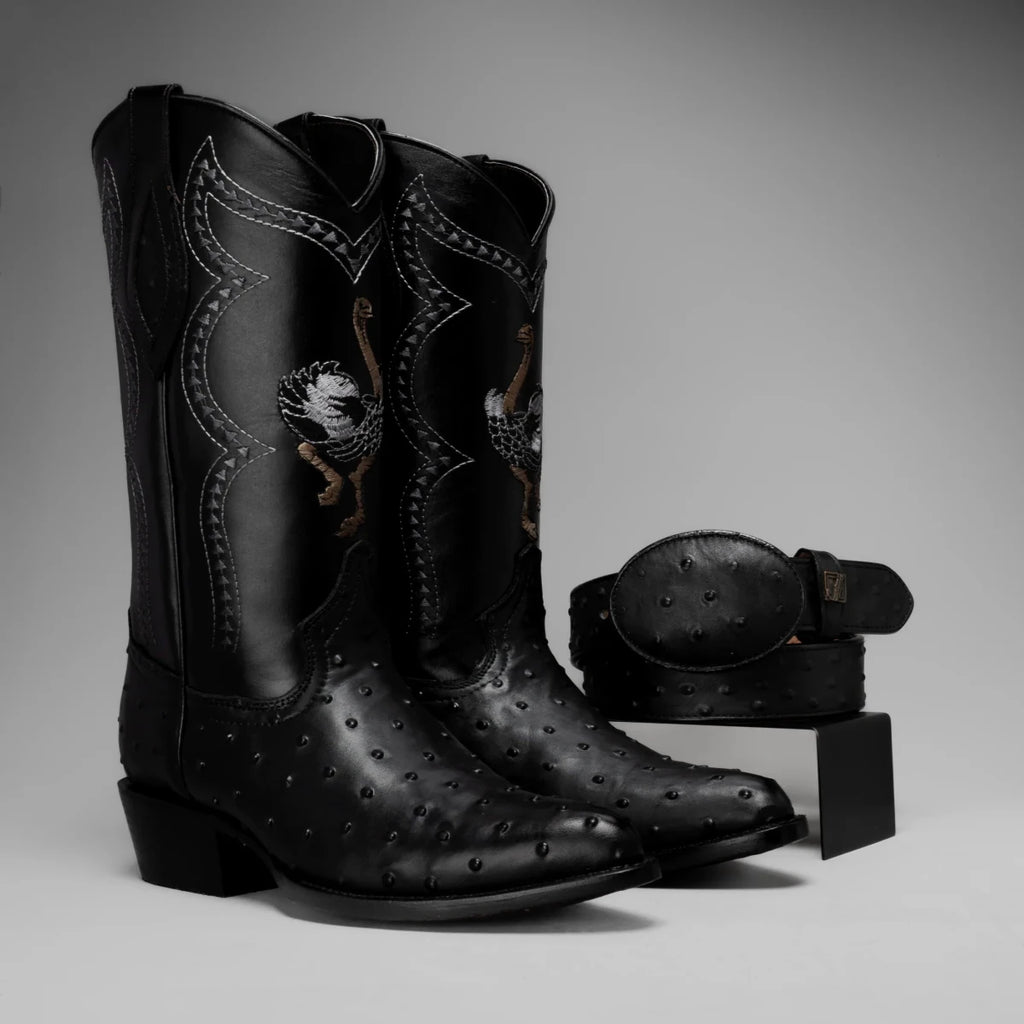 Joe Boots Men”s Ostrich J Toe Corboy Boots and Belt Combo–Black - OriginalWestern.com