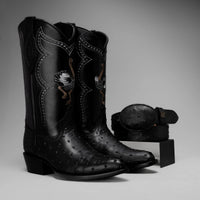 Joe Boots Men”s Ostrich J Toe Corboy Boots and Belt Combo–Black - OriginalWestern.com