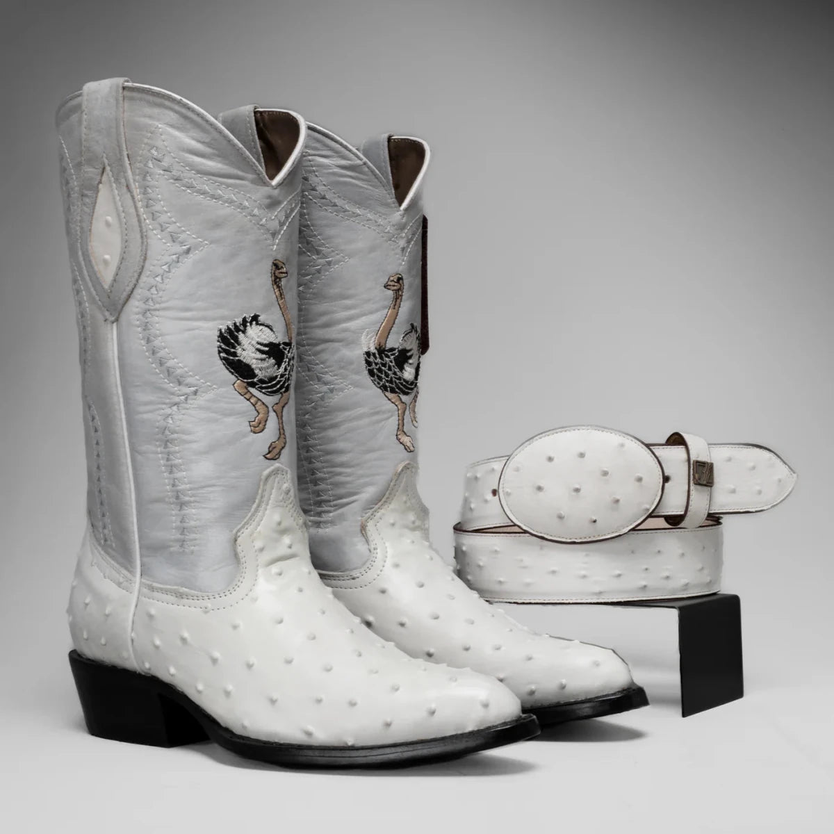 Joe Boots Men”s Ostrich J Toe Corboy Boots and Belt Combo–Bone - OriginalWestern.com