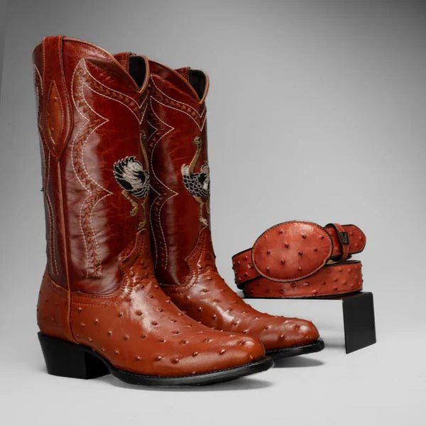 Joe Boots Men”s Ostrich J Toe Corboy Boots and Belt Combo–Shedron - OriginalWestern.com
