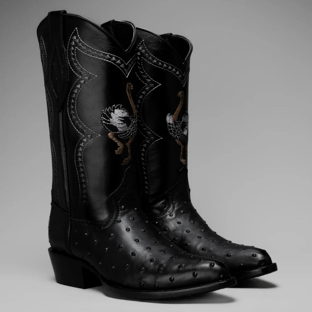Joe Boots Men”s Ostrich J Toe Cowboy Boots–Black - OriginalWestern.com