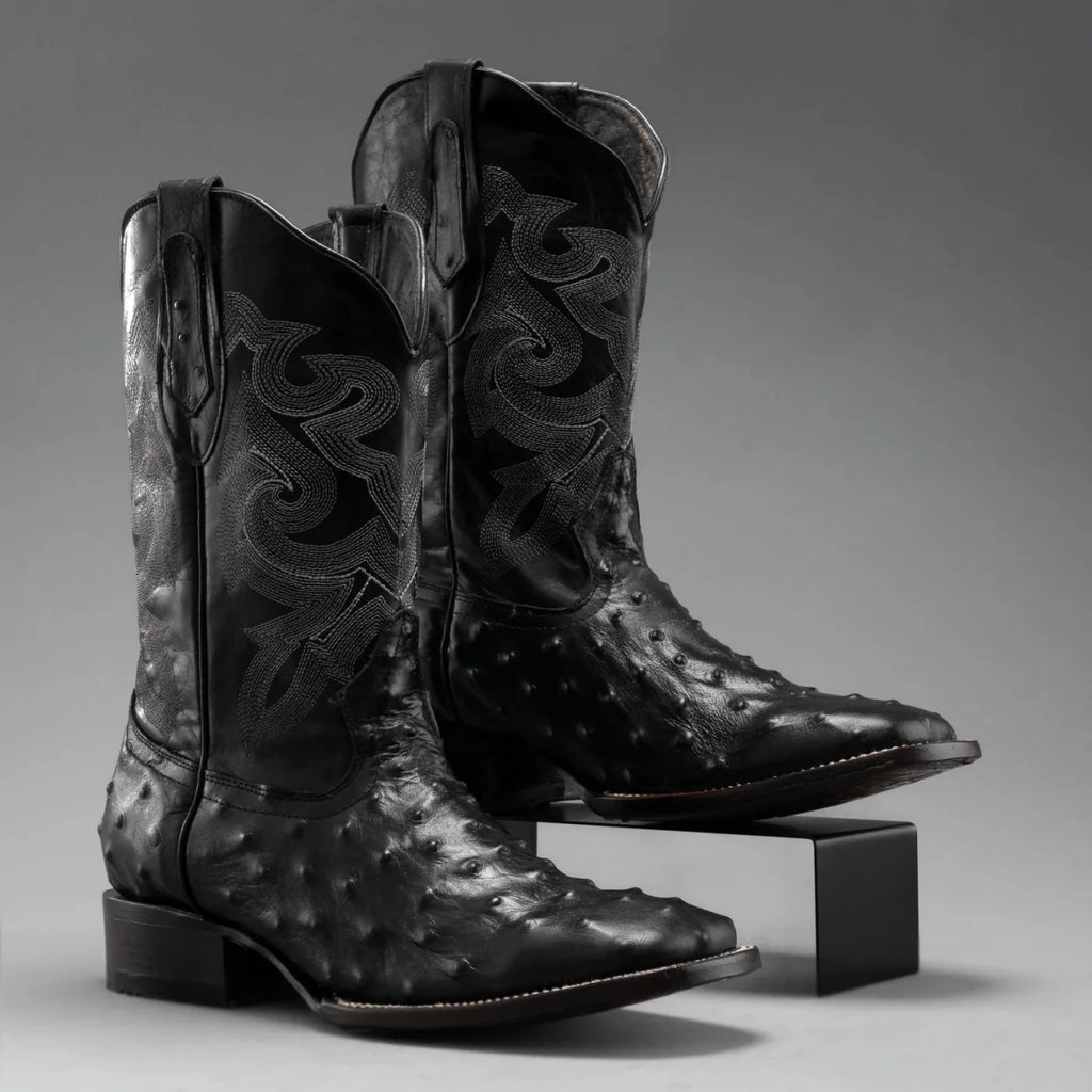 Joe Boots Men”s Ostrich Leather Square Toe Cowboy Boots–Black - OriginalWestern.com