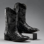 Joe Boots Men”s Ostrich Leather Square Toe Cowboy Boots–Black - OriginalWestern.com