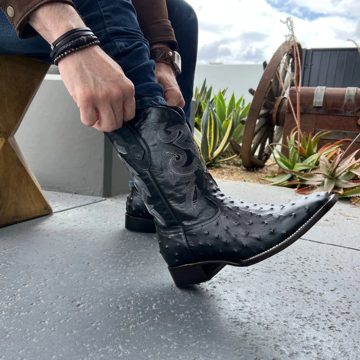 Joe Boots Men”s Ostrich Leather Square Toe Cowboy Boots–Black - OriginalWestern.com