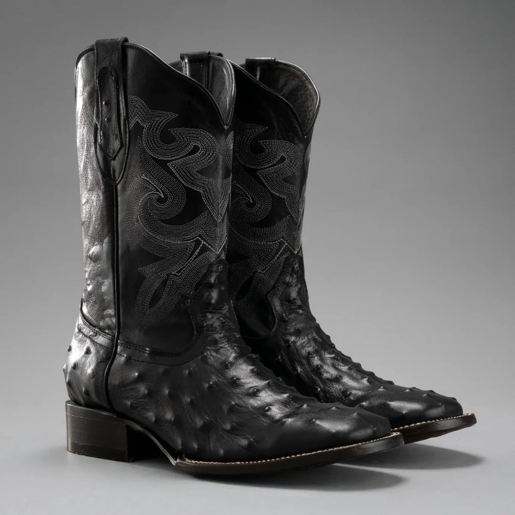Joe Boots Men”s Ostrich Leather Square Toe Cowboy Boots–Black - OriginalWestern.com