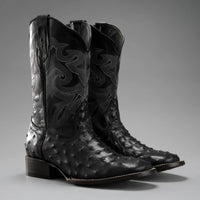 Joe Boots Men”s Ostrich Leather Square Toe Cowboy Boots–Black - OriginalWestern.com