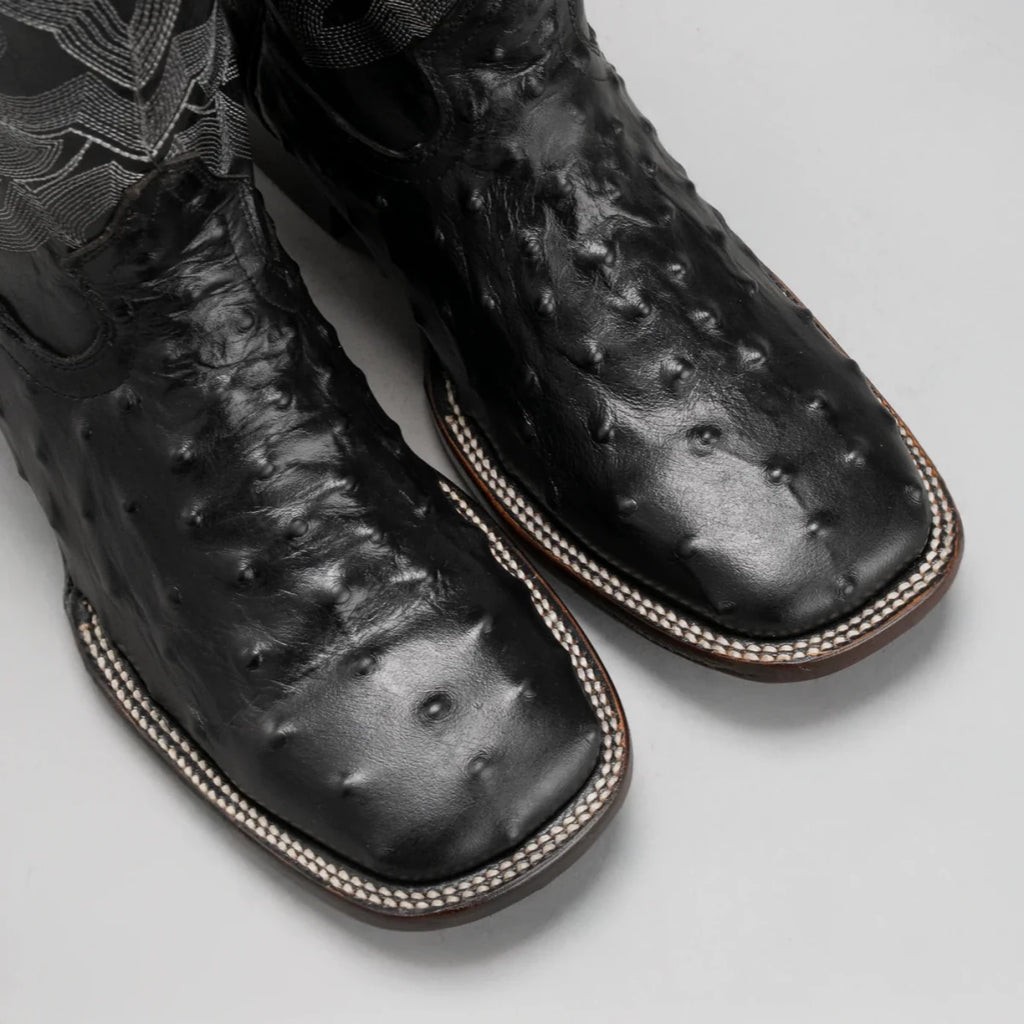 Joe Boots Men”s Ostrich Leather Square Toe Cowboy Boots–Black - OriginalWestern.com