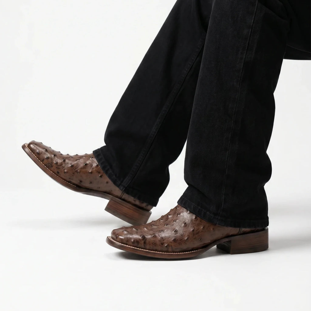 Joe Boots Men's Ostrich Leather Square Toe Cowboy Boots – Brown - OriginalWestern.com