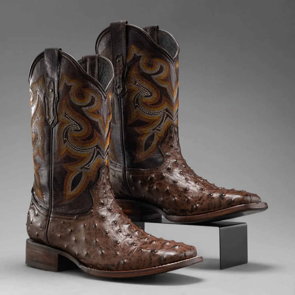 Joe Boots Men”s Ostrich Leather Square Toe Cowboy Boots–Brown - OriginalWestern.com