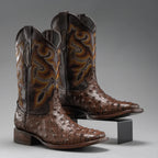 Joe Boots Men”s Ostrich Leather Square Toe Cowboy Boots–Brown - OriginalWestern.com