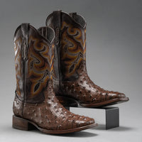 Joe Boots Men”s Ostrich Leather Square Toe Cowboy Boots–Brown - OriginalWestern.com