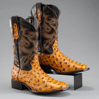 Joe Boots Men”s Ostrich Leather Square Toe Cowboy Boots–Buttercup - OriginalWestern.com