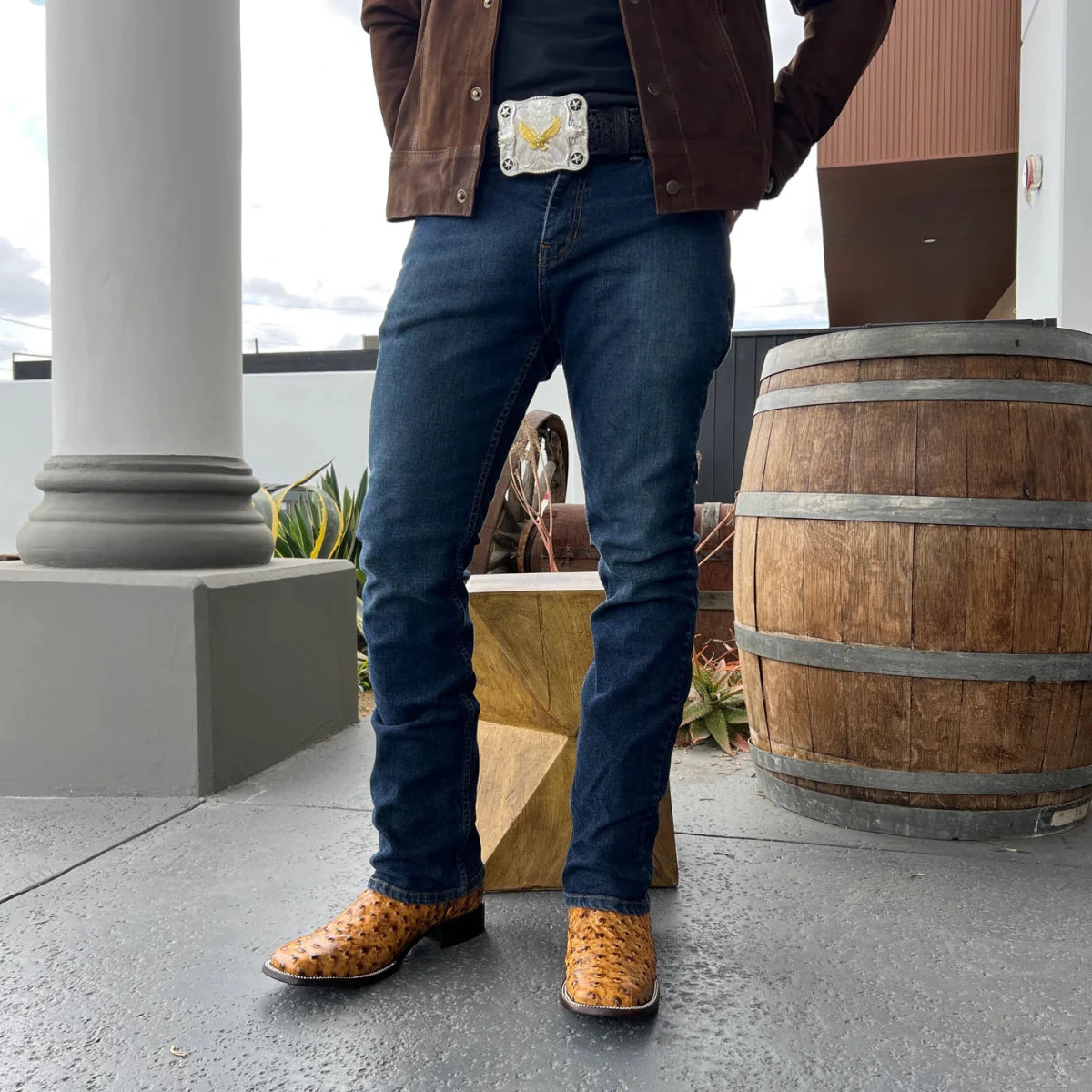 Joe Boots Men”s Ostrich Leather Square Toe Cowboy Boots–Buttercup - OriginalWestern.com