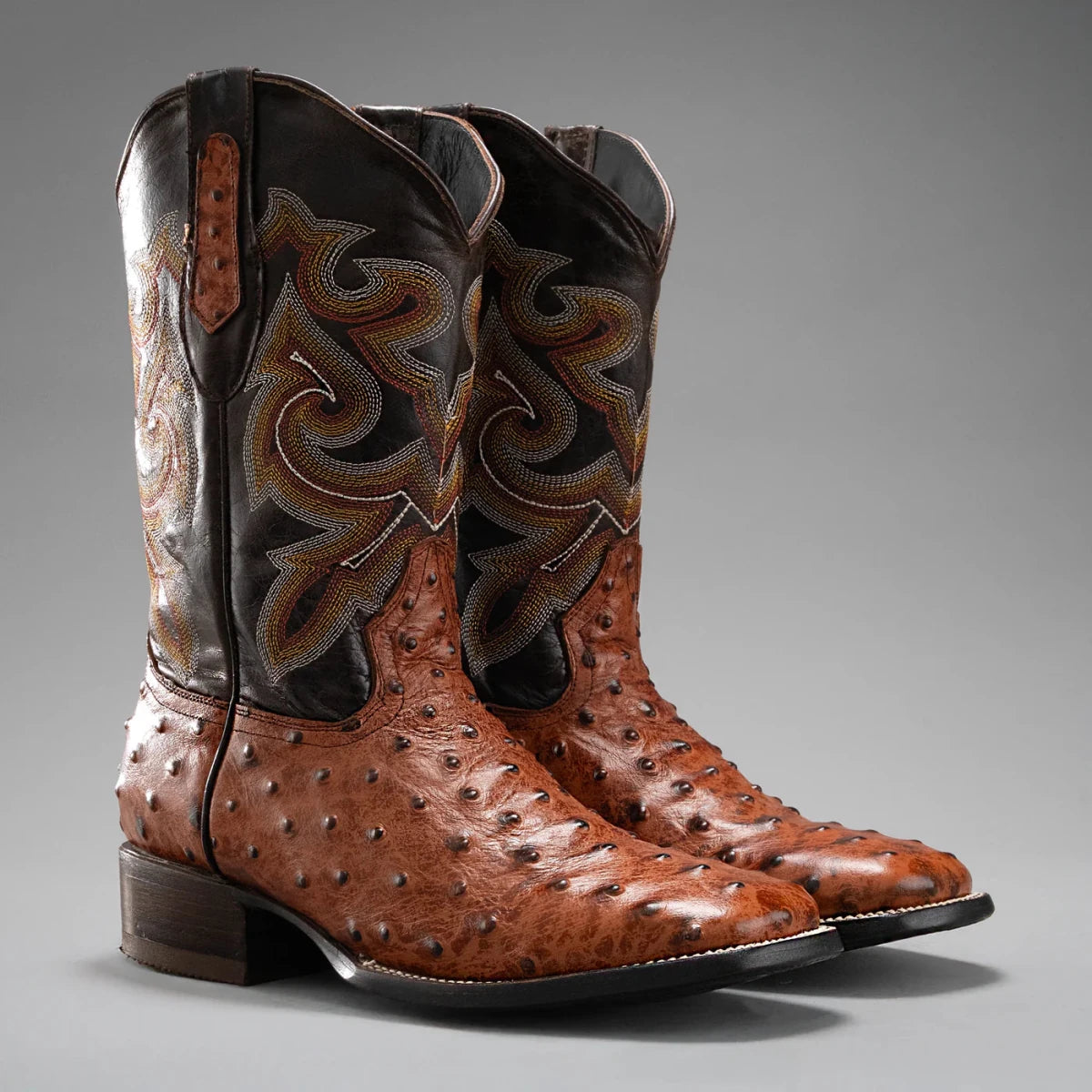 Joe Boots Men”s Ostrich Leather Square Toe Cowboy Boots–Cognac - OriginalWestern.com