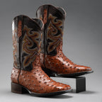 Joe Boots Men”s Ostrich Leather Square Toe Cowboy Boots–Cognac - OriginalWestern.com
