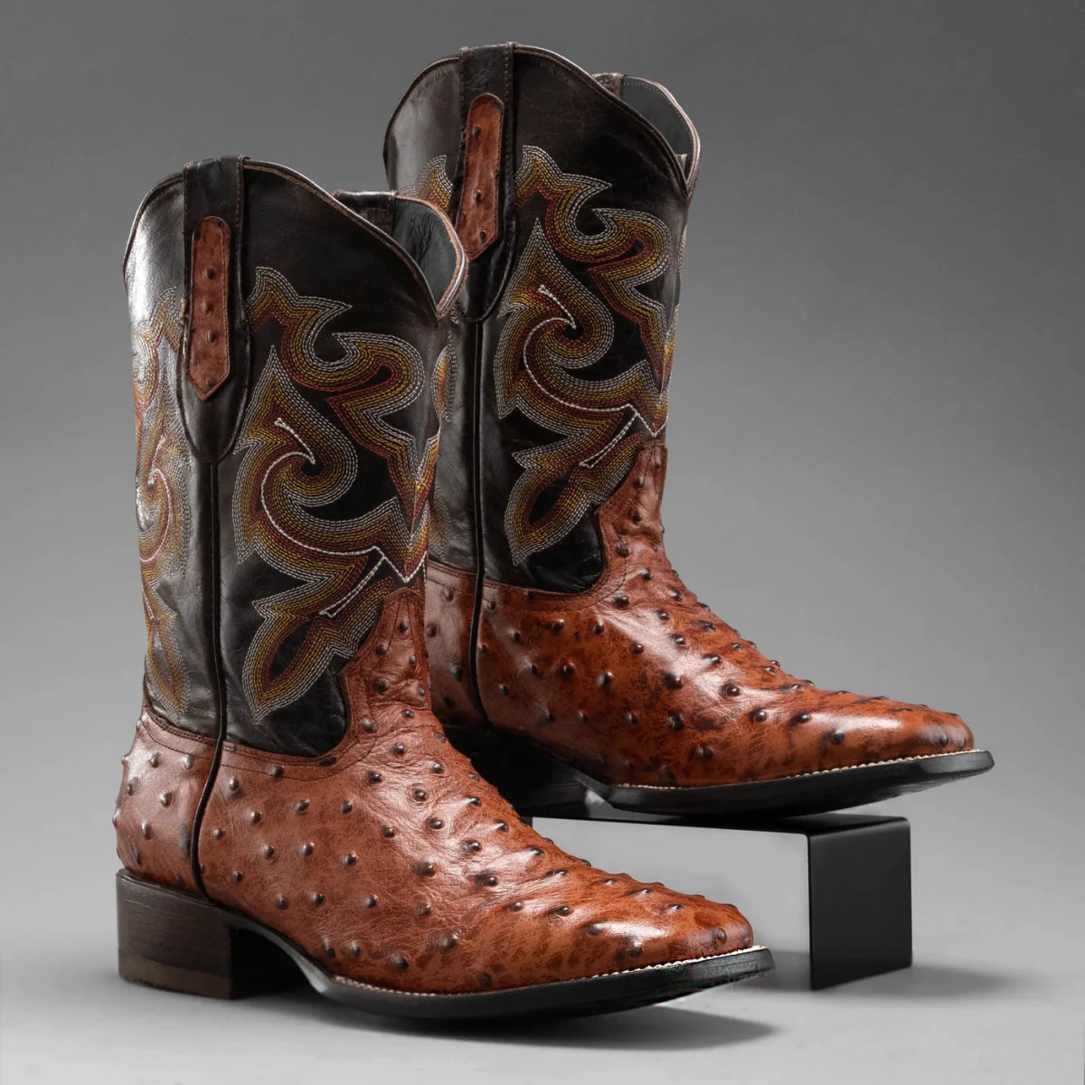 Joe Boots Men”s Ostrich Leather Square Toe Cowboy Boots–Cognac - OriginalWestern.com