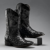 Joe Boots Men”s Ostrich Square Toe Cowboy Boots and Belt Combo–Black - OriginalWestern.com