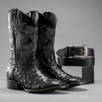 Joe Boots Men”s Ostrich Square Toe Cowboy Boots and Belt Combo–Black - OriginalWestern.com