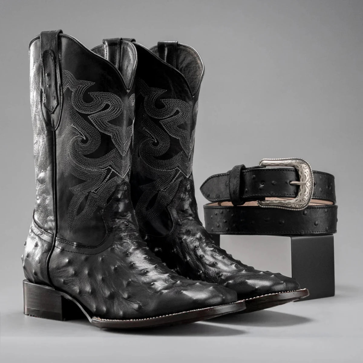 Joe Boots Men”s Ostrich Square Toe Cowboy Boots and Belt Combo–Black - OriginalWestern.com