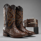 Joe Boots Men”s Ostrich Square Toe Cowboy Boots and Belt Combo–Brown - OriginalWestern.com