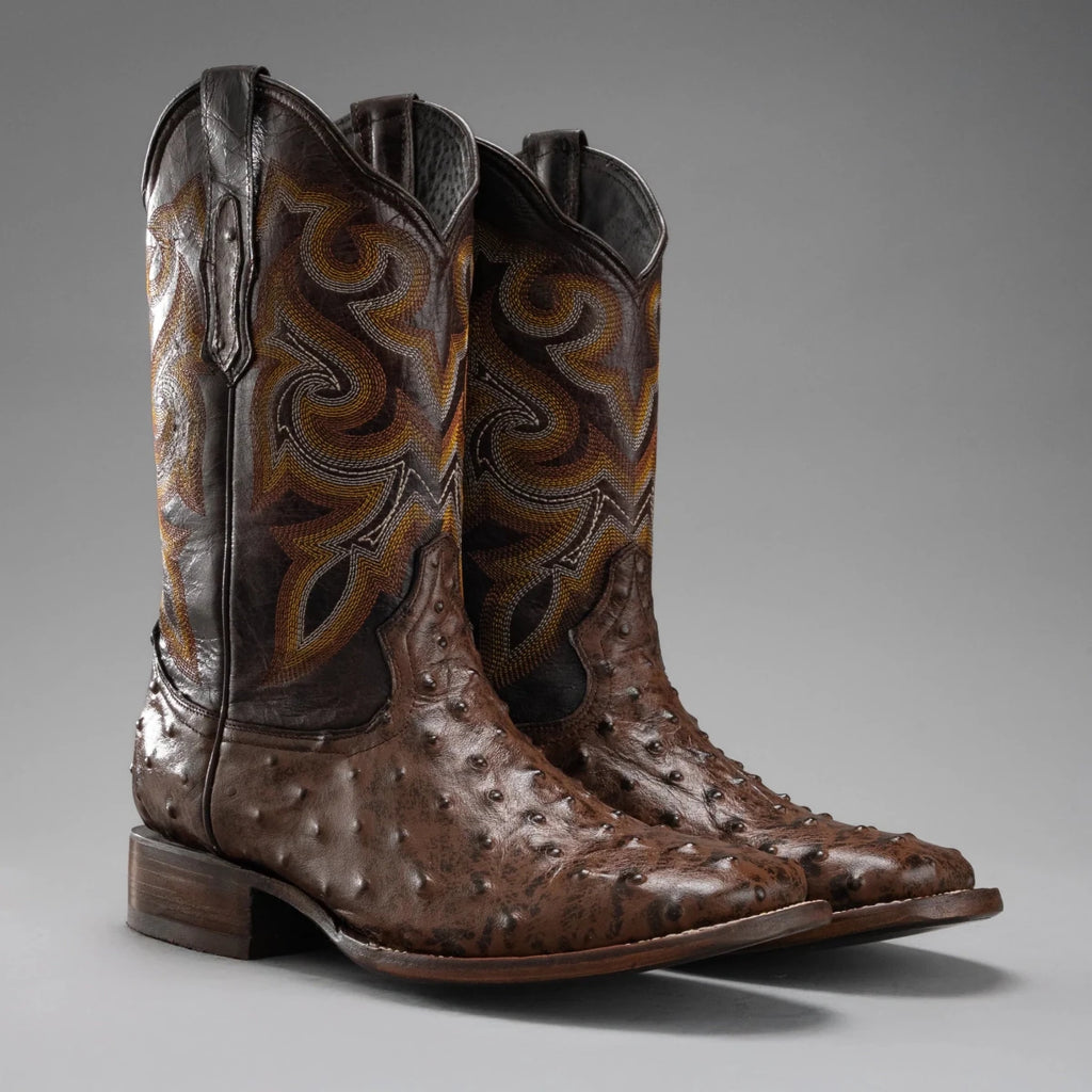 Joe Boots Men”s Ostrich Square Toe Cowboy Boots and Belt Combo–Brown - OriginalWestern.com